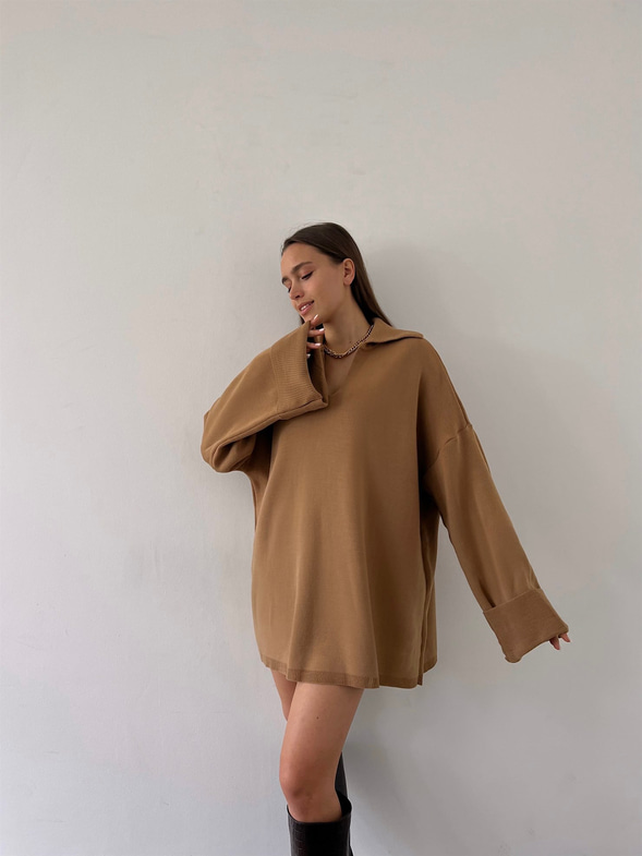 Polo Yaka Uzun Kol Oversize Kadın Camel Kazak 23K000192