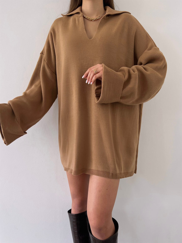 Polo Yaka Uzun Kol Oversize Kadın Camel Kazak 23K000192