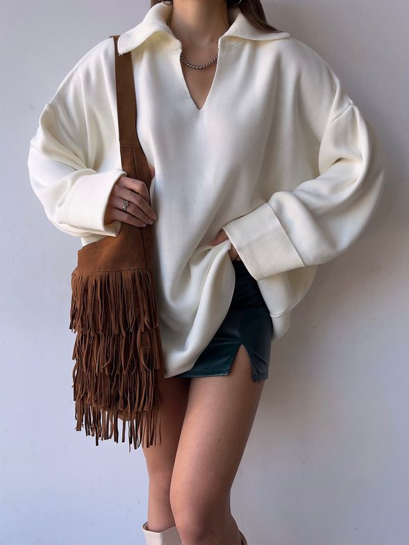 Polo Yaka Uzun Kol Oversize Kadın Ekru Kazak 23K000192