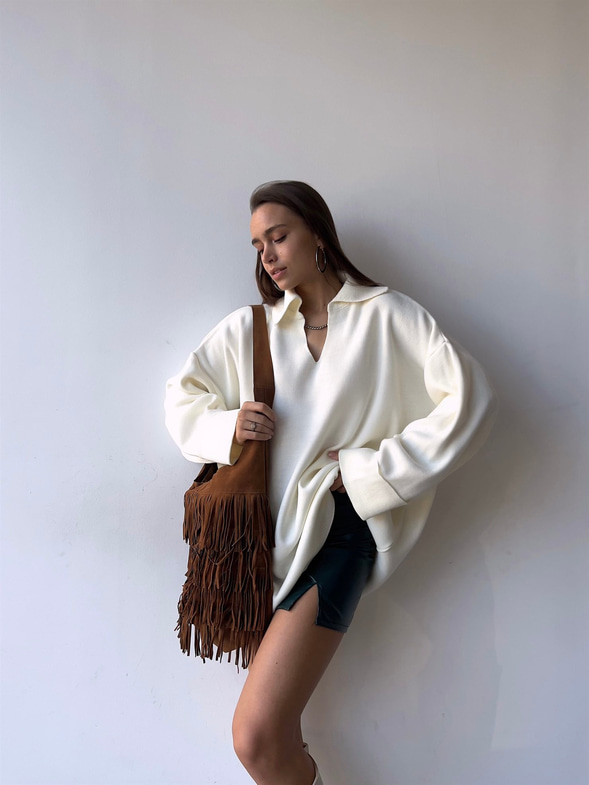 Polo Yaka Uzun Kol Oversize Kadın Ekru Kazak 23K000192