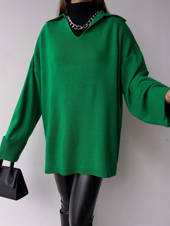 Polo Yaka Uzun Kol Oversize Kadın Yeşil Kazak 23K000192