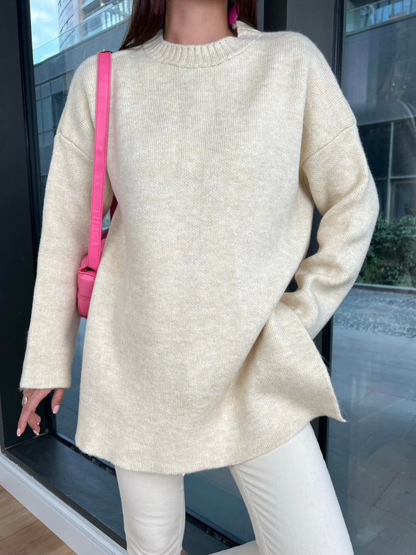 Bisiklet Yaka Oversize Pretty Kadın Bej Kazak 24k000172