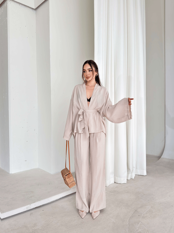 Kemerli Belden Lastikli İkili Kimono Bej Rase Kadın Takım 26Y079