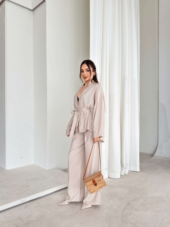 Kemerli Belden Lastikli İkili Kimono Bej Rase Kadın Takım 26Y079