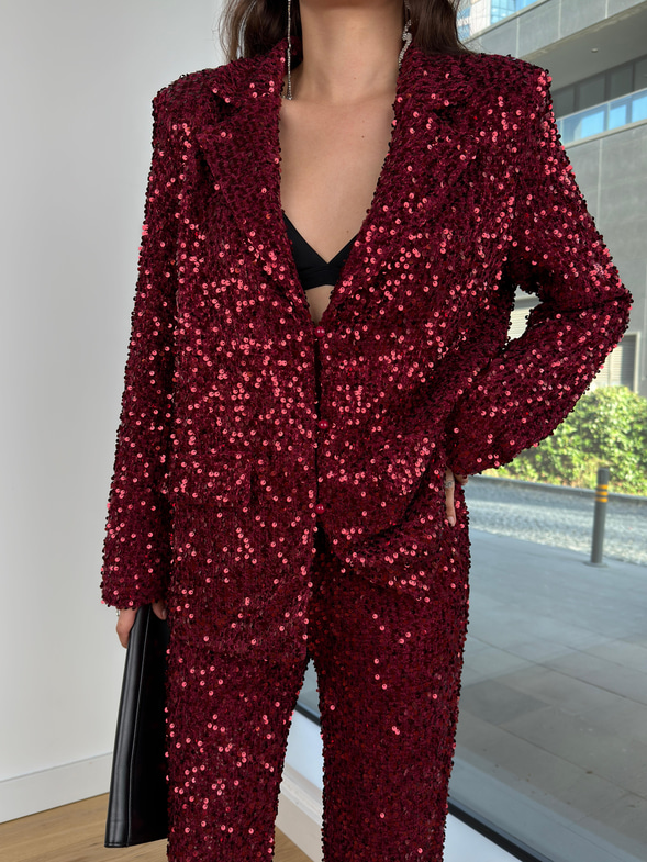 Omuz Vatkalı Payetli Ravin Bordo Kadın Ceket 25K349