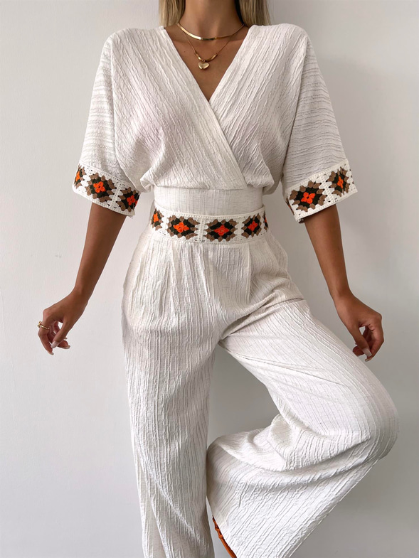 Kruvaze Yaka Belden Kuşaklı Crop Yüksek Bel Pantolon Redania Kadın Taş Keten Takım 23Y000478