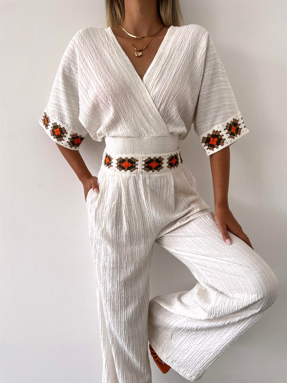 Kruvaze Yaka Belden Kuşaklı Crop Yüksek Bel Pantolon Redania Kadın Taş Keten Takım 23Y000478