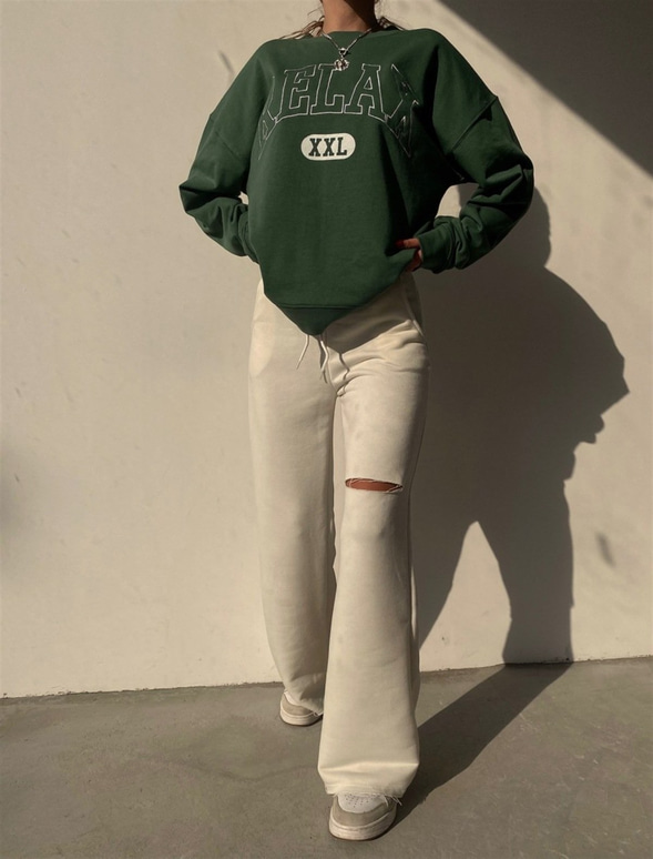 Bisiklet Yaka Relax Yazılı Kadın Yeşil Sweat 22K000343