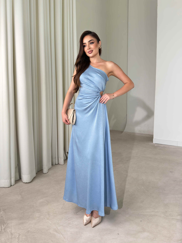 Tek Omuz Pencere Detaylı Maxi Boy Bebe Mavisi Reyna Kadın Elbise 26Y474