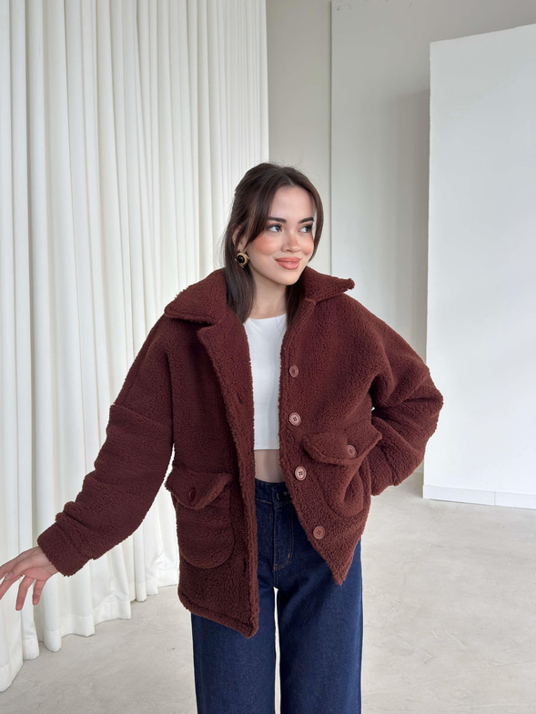 Cepli Yakalı Önü Düğmeli Rila Kahve Kadın Peluş Mont 26K343