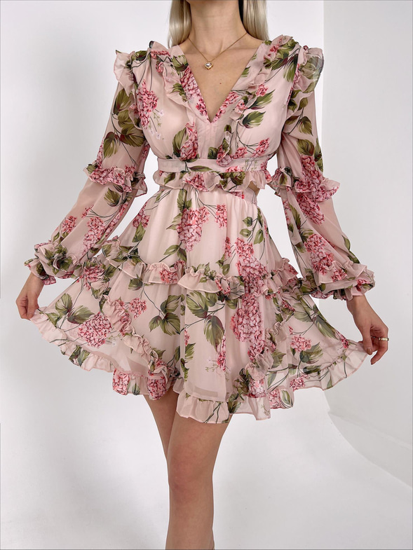 V Yaka Sırtı İp Bağlamalı Bel Pencereli Rosa Kadın Pudra Mini Elbise 23Y000155