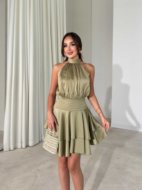 Boyundan Bağlamalı Belden Oturtmalı Mini Boy Yağ Yeşili Rosalie Kadın Elbise 26Y526