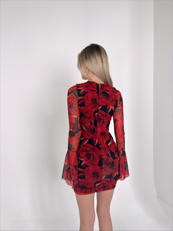 Göğüs Kısmı Bağcıklı Fırfır Detaylı Uzun Tül Kol Rulie Kadın Kırmızı Mini Elbise 23Y000140