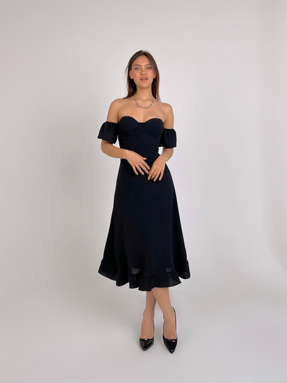 Düşük Lastik Kol Eteği Volanlı Sarina Kadın Siyah Midi Elbise 23Y000026