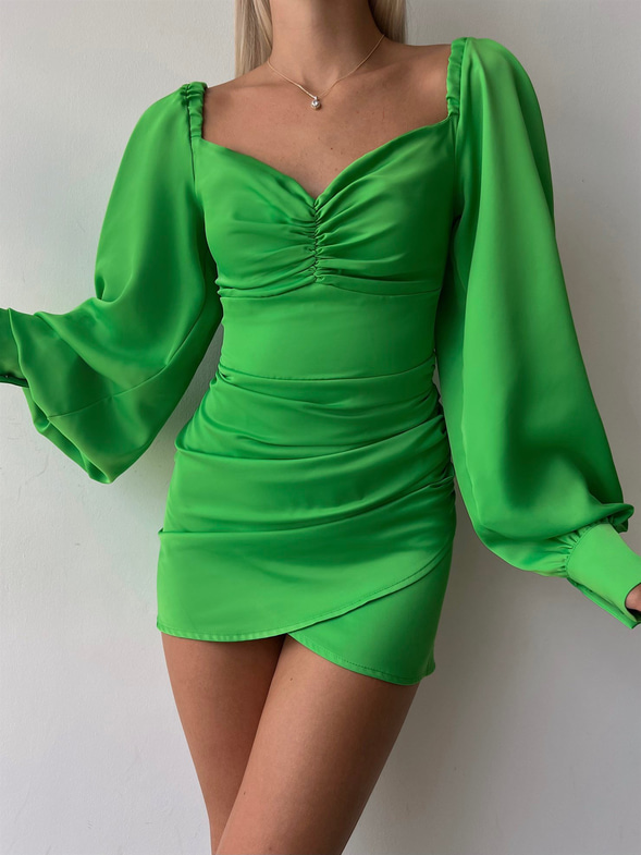 Saten Uzun Balon Kol Drapeli Etek Kısmı Kruvaze Valente Kadın Neon Elbise 22Y000494