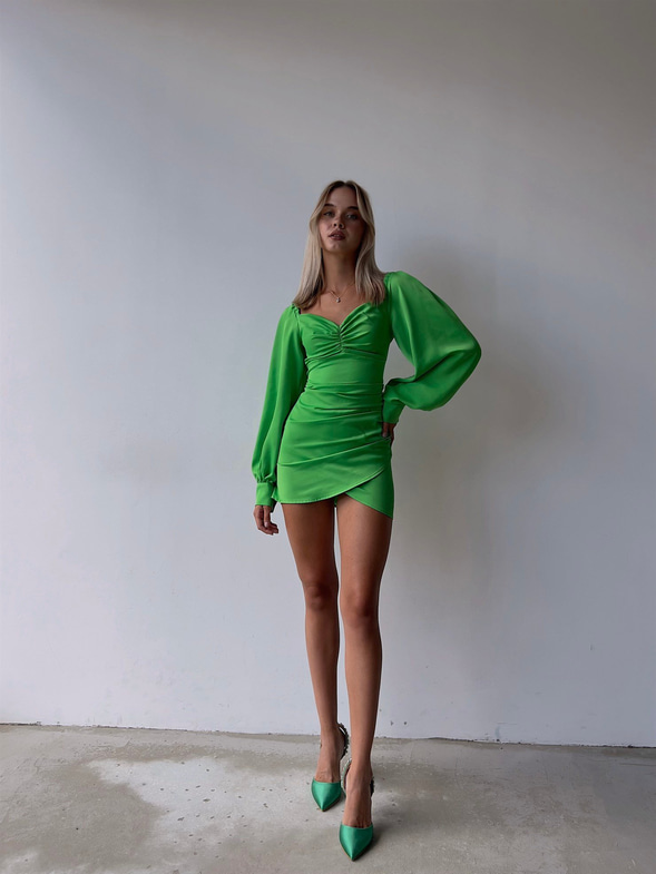 Saten Uzun Balon Kol Drapeli Etek Kısmı Kruvaze Valente Kadın Neon Elbise 22Y000494