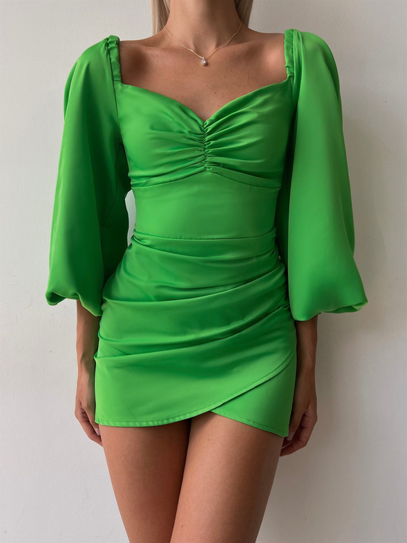 Saten Uzun Balon Kol Drapeli Etek Kısmı Kruvaze Valente Kadın Neon Elbise 22Y000494