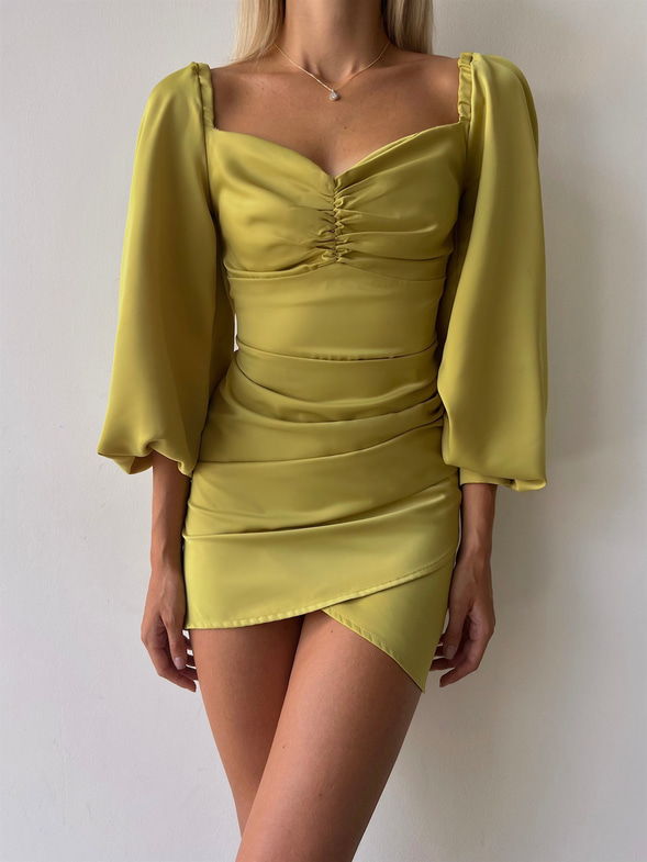 Saten Uzun Balon Kol Drapeli Etek Kısmı Kruvaze Valente Kadın Zeytin Yeşili Elbise 22Y000494