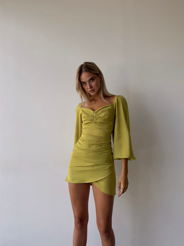 Saten Uzun Balon Kol Drapeli Etek Kısmı Kruvaze Valente Kadın Zeytin Yeşili Elbise 22Y000494