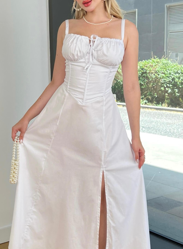 Askılı Göğüs Büzgülü Belden Oturtmalı Sayden Beyaz Kadın Elbise 25Y528