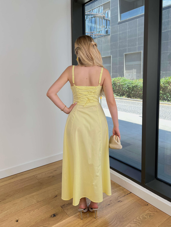 Askılı Göğüs Büzgülü Belden Oturtmalı Sayden Sarı Kadın Elbise 25Y528
