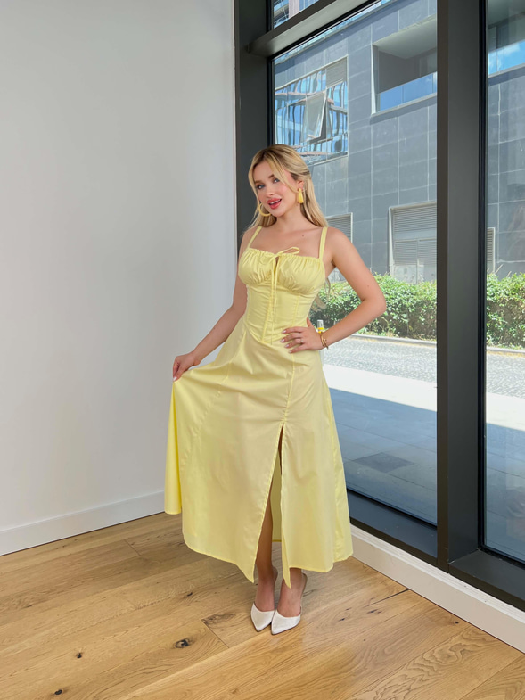 Askılı Göğüs Büzgülü Belden Oturtmalı Sayden Sarı Kadın Elbise 25Y528