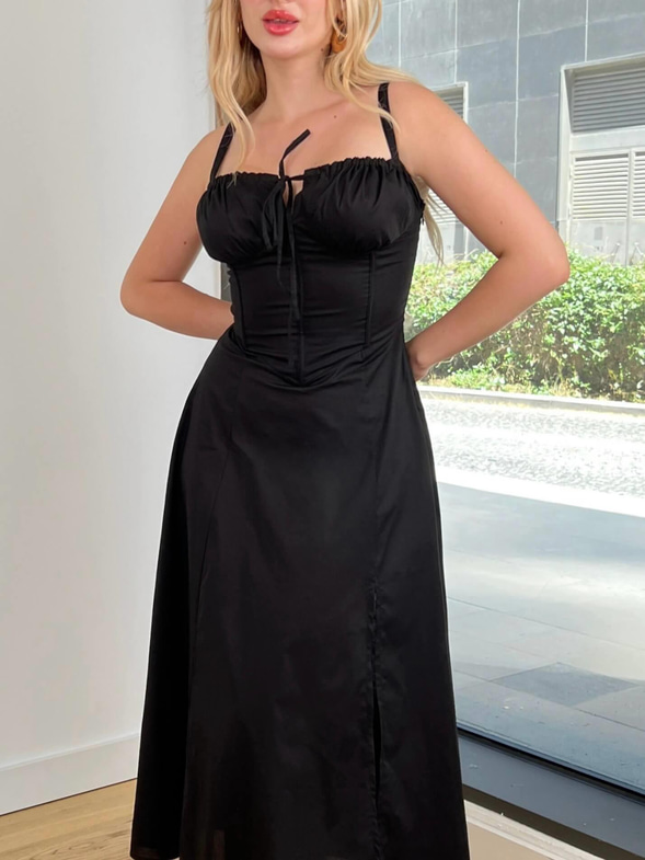 Askılı Göğüs Büzgülü Belden Oturtmalı Sayden Siyah Kadın Elbise 25Y528