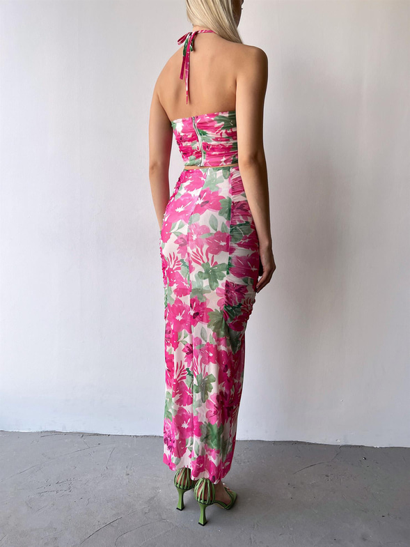 Boyundan Bağlamalı İnce Askılı Crop Yanları Drape Detaylı Etek Sette Kadın Fuşya İkili Takım 23Y000363