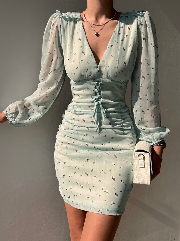 Şifon Çiçekli Önü Bağcık Detay Oscar Kadın Mint Renk Mini Elbise 22Y000139