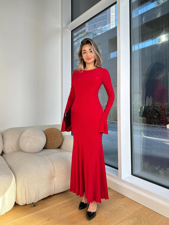 Yuvarlak Yaka Volanlı Kol Ucu Sinlan Kırmızı Kadın Elbise 25K426