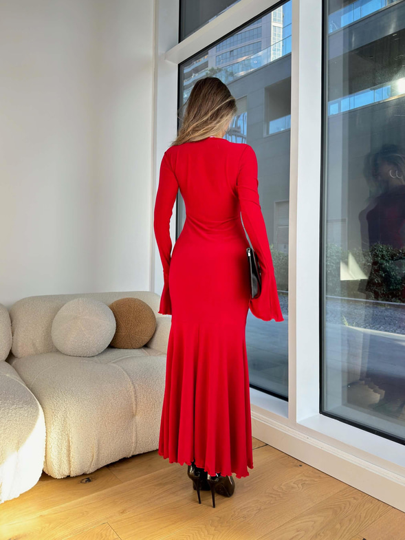 Yuvarlak Yaka Volanlı Kol Ucu Sinlan Kırmızı Kadın Elbise 25K426