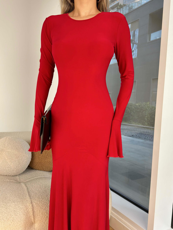 Yuvarlak Yaka Volanlı Kol Ucu Sinlan Kırmızı Kadın Elbise 25K426