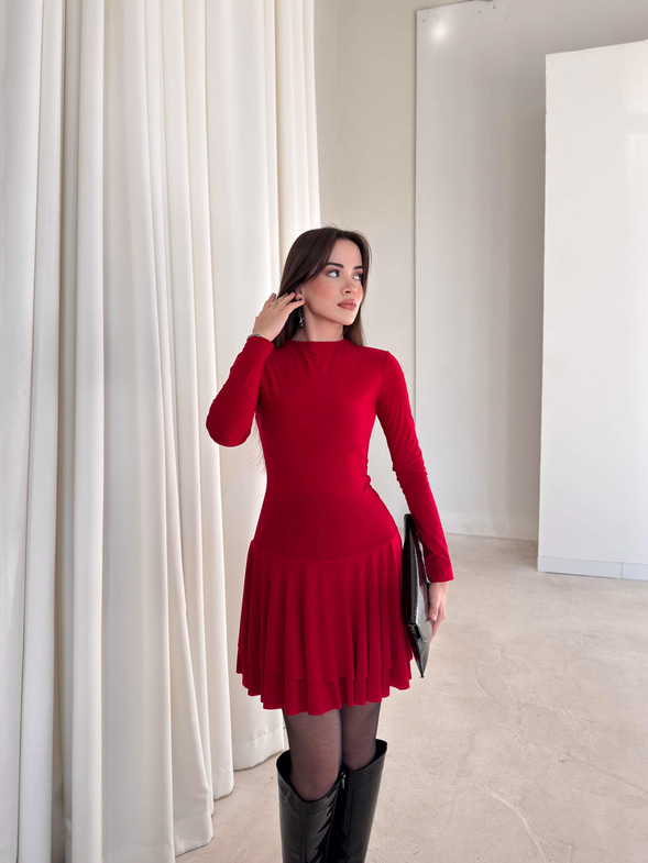 Eteği Pileli Uzun Kol Mini Sirelda Bordo Kadın Elbise 26K354