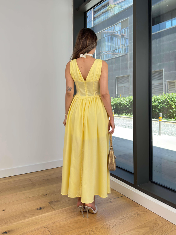 Askılı V Yaka Korse Görünümlü Sıtlen Sarı Kadın Elbise 25Y488