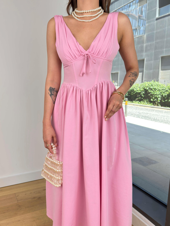 Askılı V Yaka Korse Görünümlü Sıtlen Pembe Kadın Elbise 25Y488