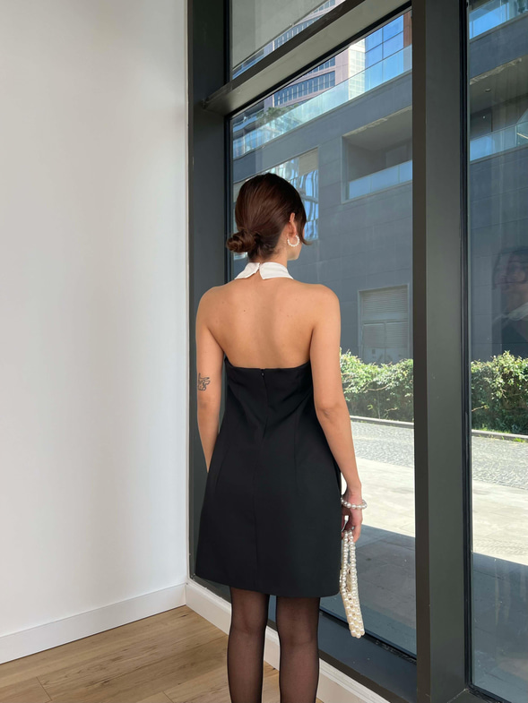 Gömlek Yaka Kolsuz Sohaib Kadın Siyah Mini Elbise 24Y045