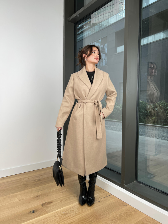 Belden Kuşaklı Yanları Cep Detaylı Stefan Kadın Vizon Kaşe Kaban 23K000118