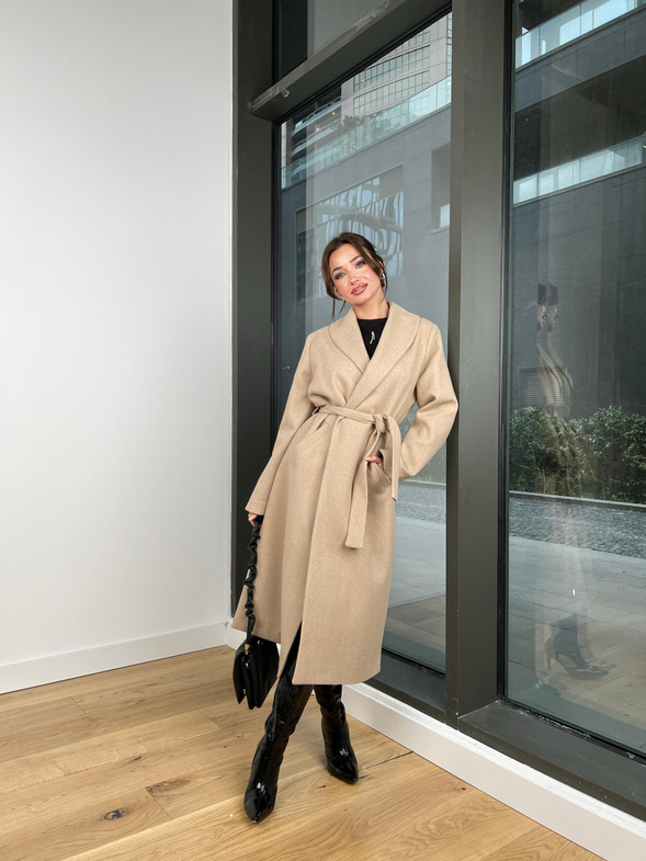 Belden Kuşaklı Yanları Cep Detaylı Stefan Kadın Vizon Kaşe Kaban 23K000118