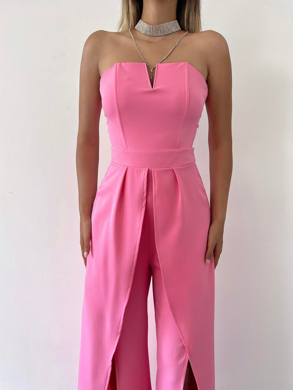 Straplez Yırtmaç Detaylı Straight Kadın Pembe Tulum 23Y000218