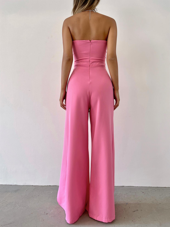 Straplez Yırtmaç Detaylı Straight Kadın Pembe Tulum 23Y000218