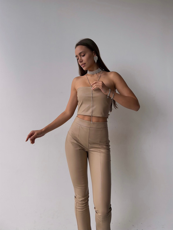 Straplez Diogo Kadın Bej Vegan Deri Crop 23K000141