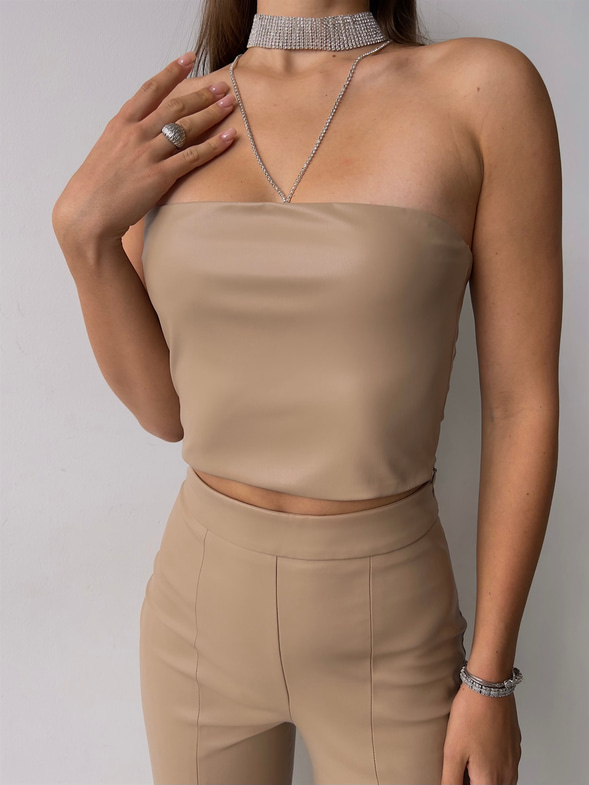 Straplez Diogo Kadın Bej Vegan Deri Crop 23K000141