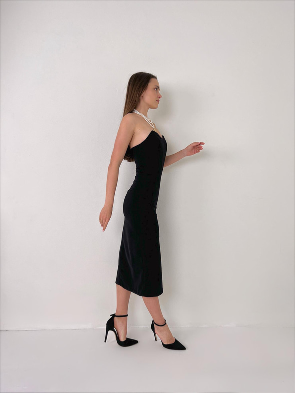 Straplez Korse Görünümlü Cherish Kadın Siyah Midi Elbise 23Y000072