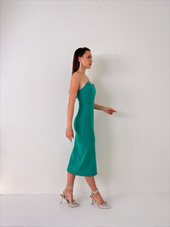 Straplez Korse Görünümlü Cherish Kadın Yeşil Midi Elbise 23Y000072