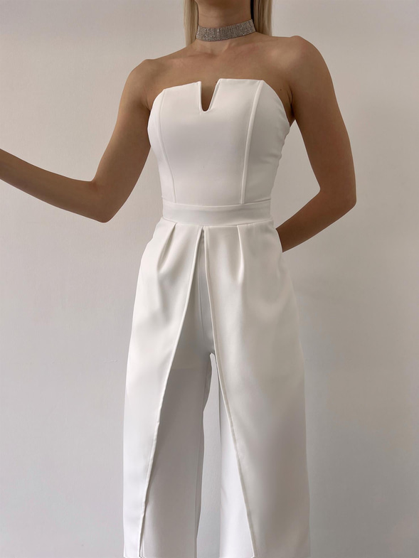 Straplez Yırtmaç Detaylı Straight Kadın Beyaz Tulum 23Y000218