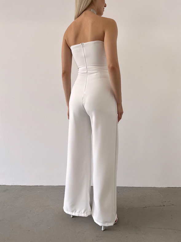 Straplez Yırtmaç Detaylı Straight Kadın Beyaz Tulum 23Y000218