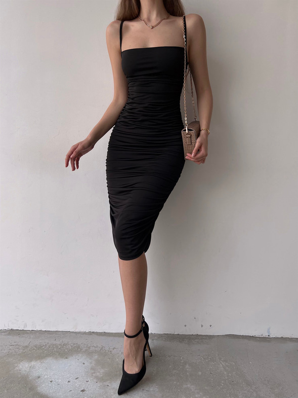 Streç İnce Askı Drapeli Taniya Kadın Siyah Kalem Elbise 22Y000230
