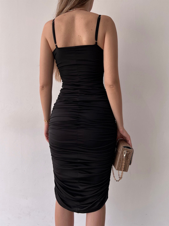 Streç İnce Askı Drapeli Taniya Kadın Siyah Kalem Elbise 22Y000230