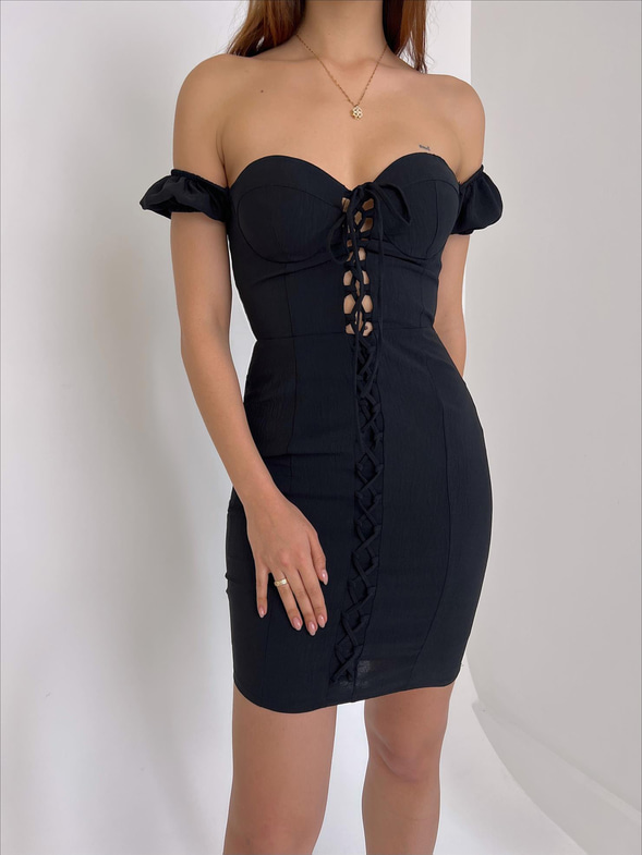 Önü Bağcık Detaylı Kol Kısmı Lastikli Summer Kadın Siyah Mini Elbise 23Y000031