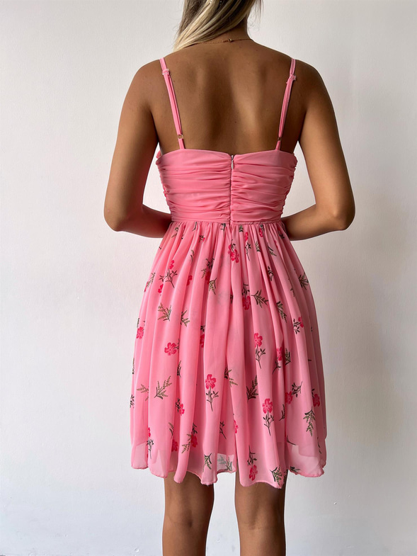İnce Askılı Önü Büzgülü Düğme Detaylı Talin Kadın Çiçekli Pembe Mini Elbise 23Y000343